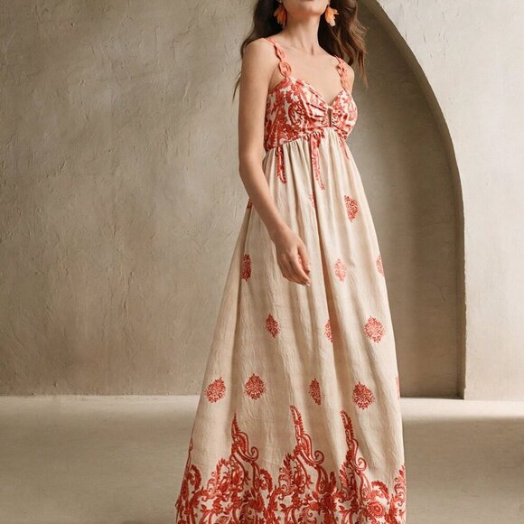 Burnt Orange Boho Women's V-Neck Contrast Print Beach Dress - Picture 6 of 6